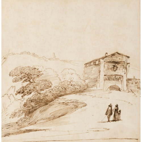Landscape with Travellers Before a Rustic Building